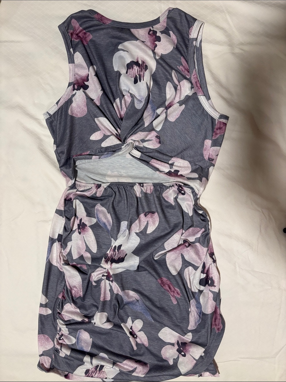 Sleeveless Floral Twist-Back Tank Dress - Gray with Pink Flowers